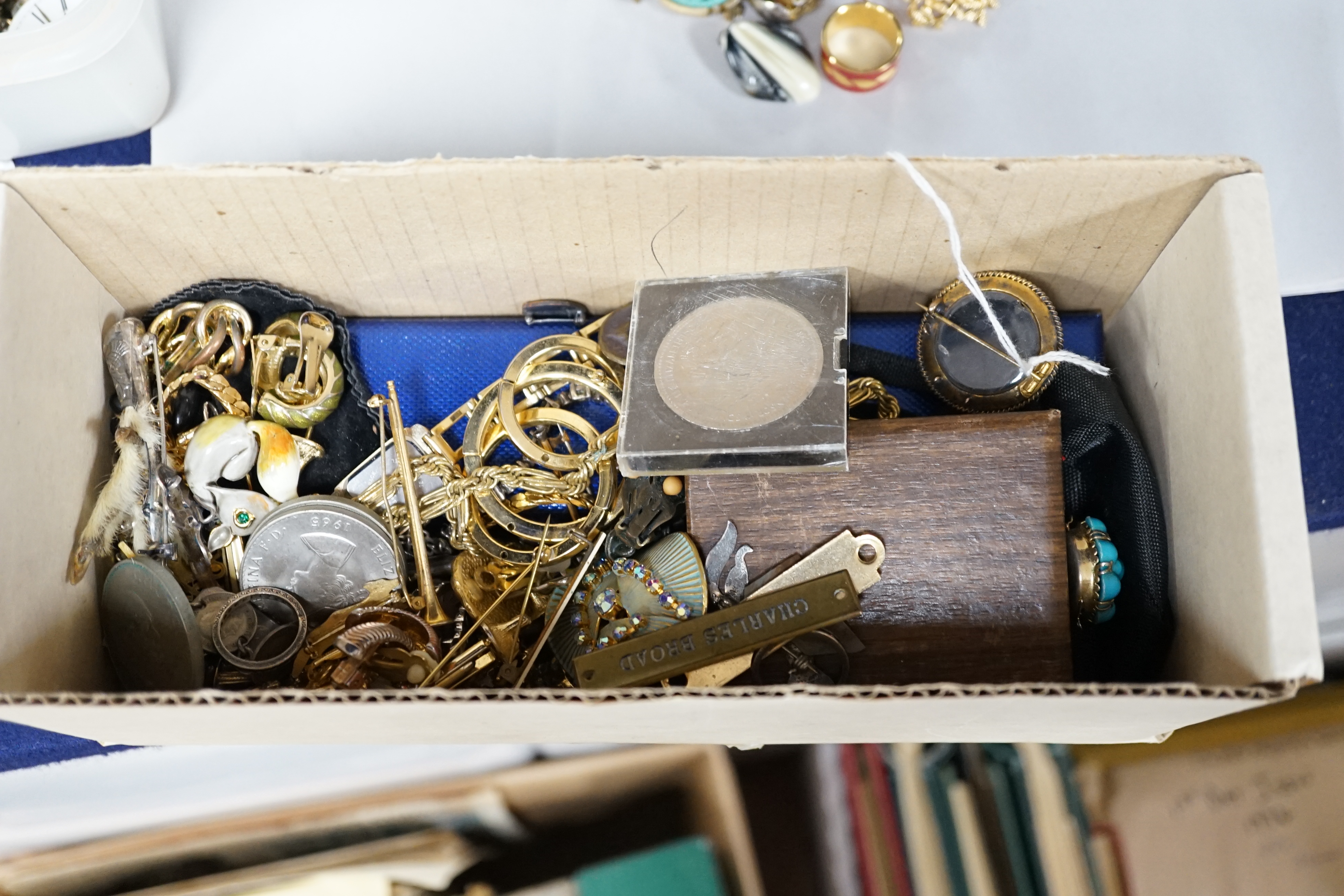 A quantity of costume jewellery and a Victorian yellow metal and turquoise cluster set brooch, 33mm, Condition - poor to fair